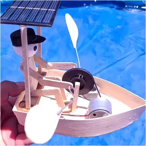 Solar-Powered Rowing Robot, Handmade Wooden Solar Powered Water Rowing Robot, Funny Mini Solar Water Boat for Desktop Water Yard Lawn Patio Decor (1PC)