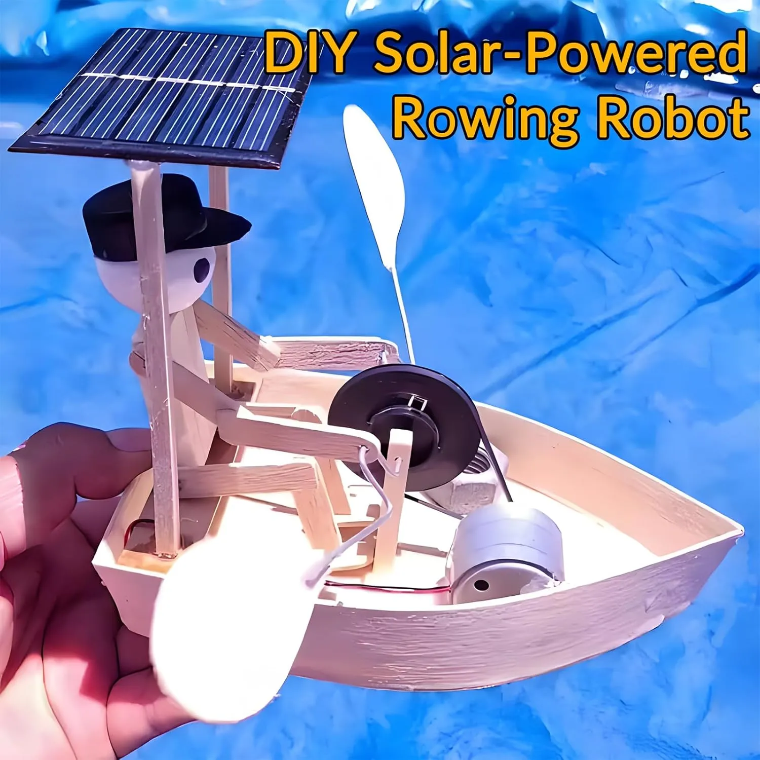 Solar-Powered Rowing Robot, Handmade Wooden Solar Powered Water Rowing Robot, Funny Mini Solar Water Boat for Desktop Water Yard Lawn Patio Decor (1PC)
