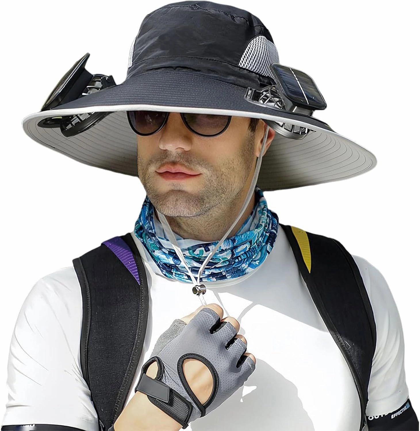 Solar Powered Fan Cooling Hat for Outdoor Work and Fishing,Wide Brim Sun Hat for Men Fishing Hats with 2 Solar Fan