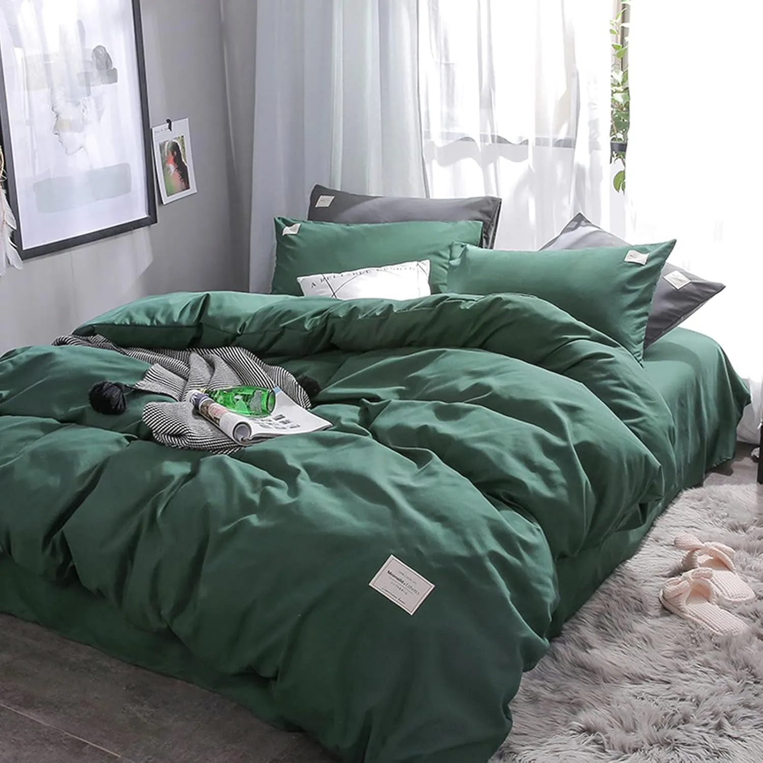 Solid Color Washed Cotton Duvet Cover Set,Textured Breathable Ultra Soft Comforter Cover Set,Durable Comfy Reversible Bedding Set for Home-Green a Full 180x220cm(71x87inch) (Green B Twin 150x200cm(59