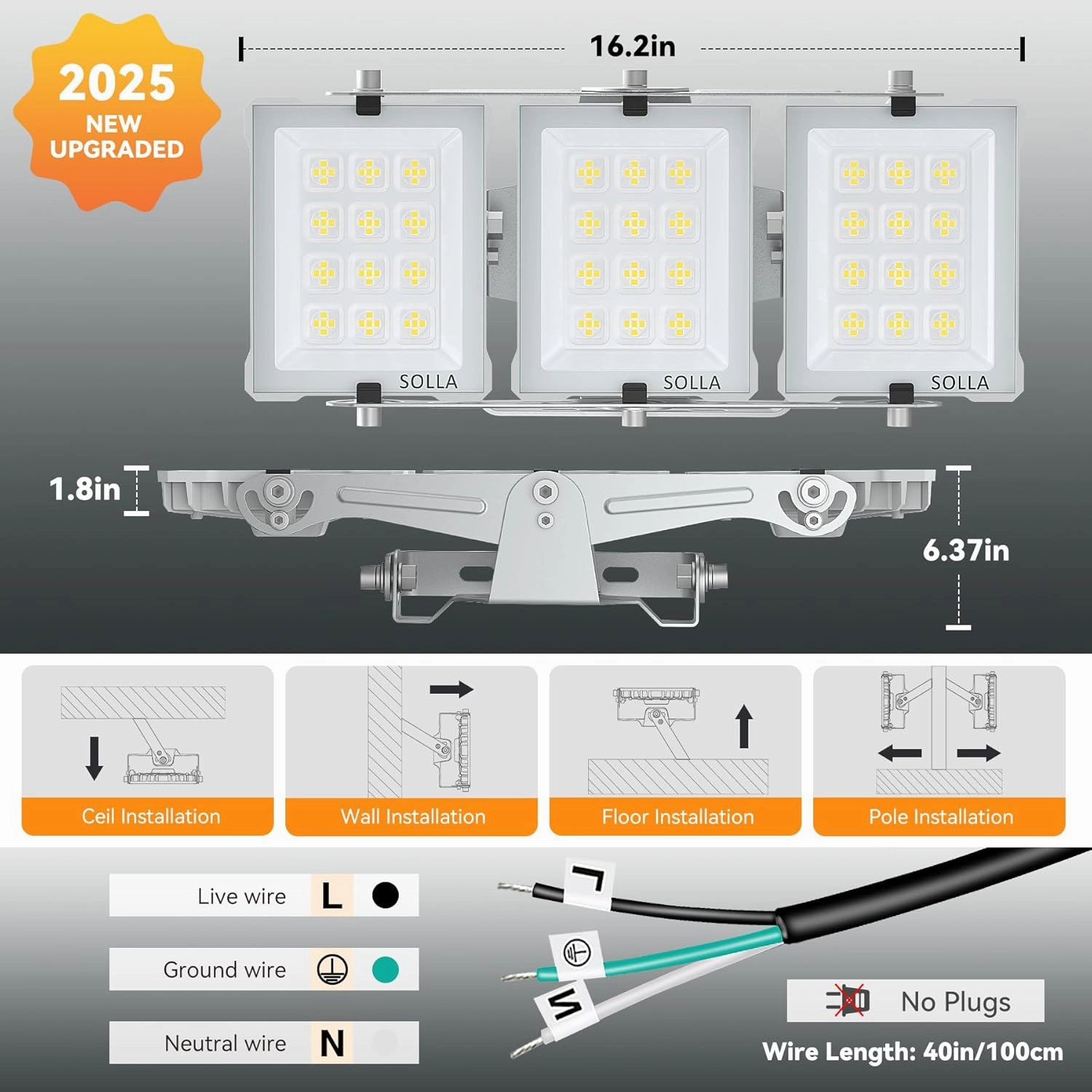 SOLLA 150W 2025 Plus New Upgraded LED Flood Light Outdoor, 15000LM Super Bright Stadium Lights, 6000K Daylight White, IP66 Waterproof, 3 Heads Adjustable Outdoor Floodlight for Yards, Arena, Garden