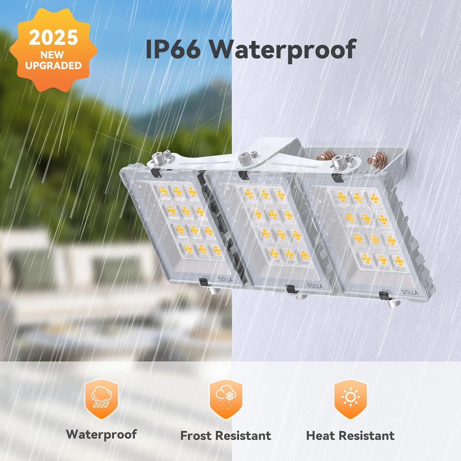 SOLLA 150W 2025 Plus New Upgraded LED Flood Light Outdoor, 15000LM Super Bright Stadium Lights, 6000K Daylight White, IP66 Waterproof, 3 Heads Adjustable Outdoor Floodlight for Yards, Arena, Garden