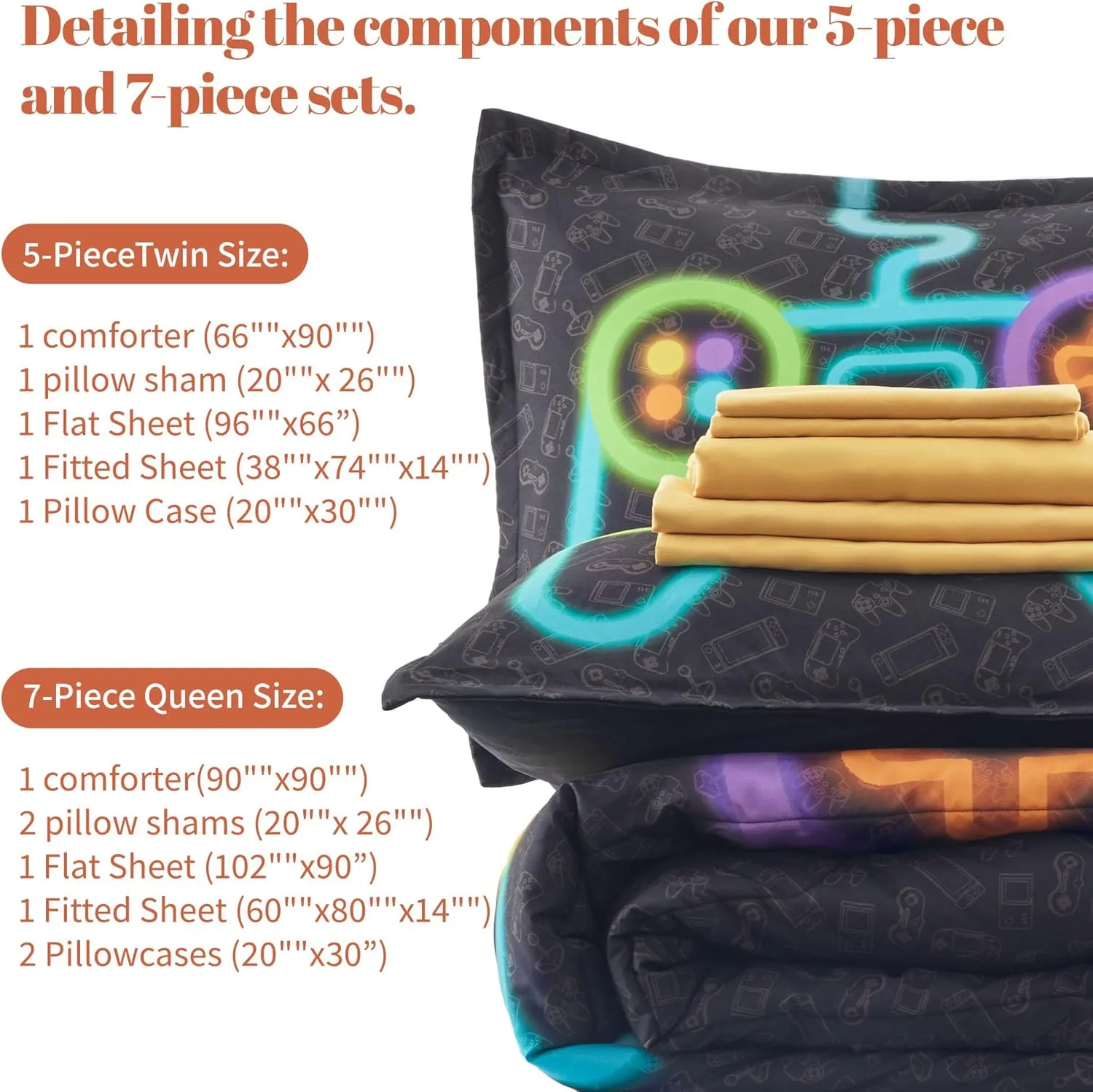 Sonive 7 Pieces Queen/Full Size Kids Comforter Set, 7-Piece Bed in a Bag All-Season Microfiber Kids' Comforter, Fitted Sheet, Flat Sheet, Pillow Shams, Pillowcases for Boys/Girls Night Connection