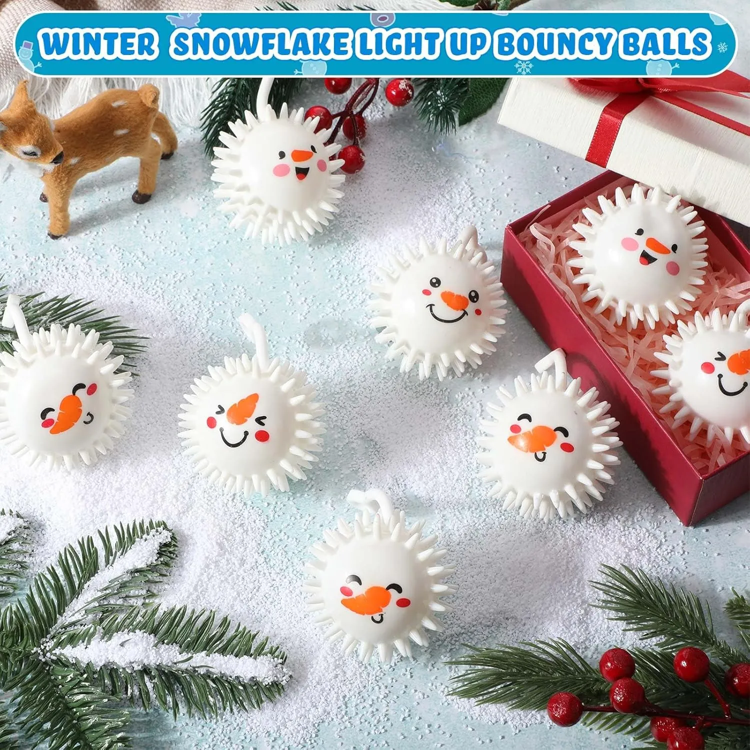 Sotiff 12 Pcs 2.5 Inch Christmas Light up Spiky Ball LED Snowman Bouncy Flashing Squeaky Stress Relief Ball with Rope Rubber Sensory Toy for Winter Christmas Glow in Dark Party Favors