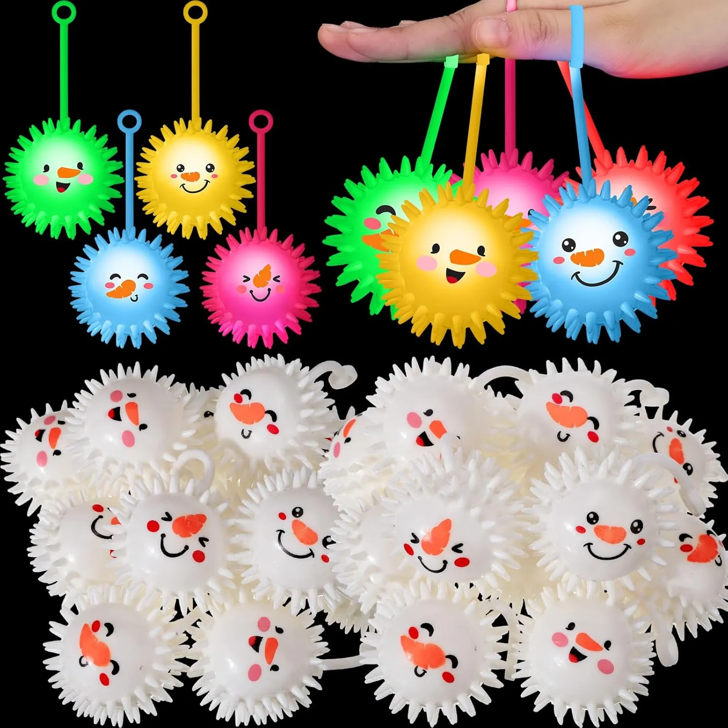 Sotiff 12 Pcs 2.5 Inch Christmas Light up Spiky Ball LED Snowman Bouncy Flashing Squeaky Stress Relief Ball with Rope Rubber Sensory Toy for Winter Christmas Glow in Dark Party Favors