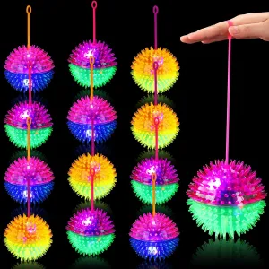 Sotiff 12 Pcs 5 Inch Large Light up Bouncy Ball LED Flashing Spiky Sensory Stress Toys with Rope Glowing Multicolor Bouncy Ball for Party Favor Student Gifts School Rewards