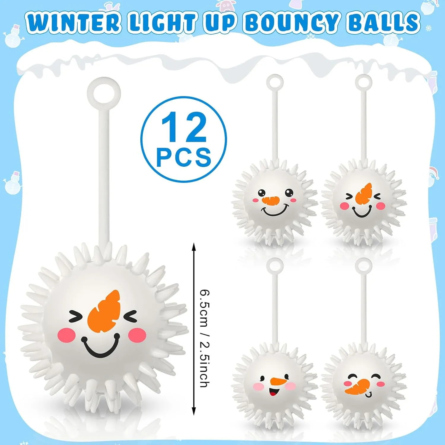 Sotiff 24 Pcs 2.5 Inch Christmas Light up Spiky Ball LED Snowman Bouncy Flashing Squeaky Stress Relief Ball with Rope Rubber Sensory Toy for Winter Christmas Glow in Dark Party Favors