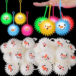 Sotiff 24 Pcs 2.5 Inch Christmas Light up Spiky Ball LED Snowman Bouncy Flashing Squeaky Stress Relief Ball with Rope Rubber Sensory Toy for Winter Christmas Glow in Dark Party Favors