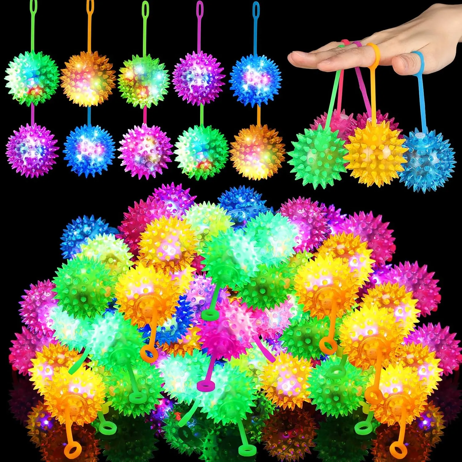 Sotiff 27 Pcs Light up Ball Spiky LED Bouncy Ball Flashing Squeaky Multicolor Puffer Toy Rubber Sensory Toy Carnival Prizes Bulk Party Favors for Teens, Adults, Children