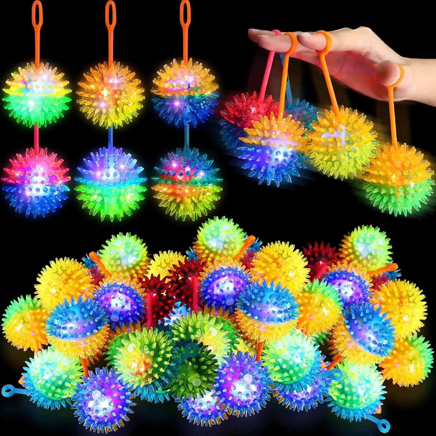 Sotiff 60 Pcs Light up Ball Spiky LED Bouncy Ball Valentines Flashing Squeaky Toy Rubber Sensory Toy Carnival Prizes Grad Party Favor Goodie Bag Fillers Stocking Stuffers Gifts