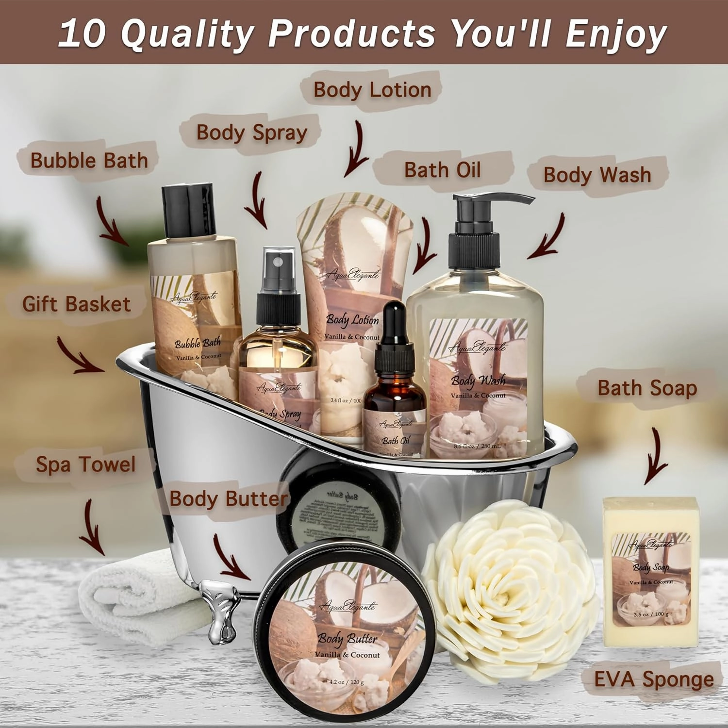 Spa Gift Baskets For Women - Luxury Bath Set With Coconut & Vanilla - Spa Kit Includes Body Wash, Bubble Bath, Lotion, Body Butter, Soap, Body Spray, Shower Puff, and Towel