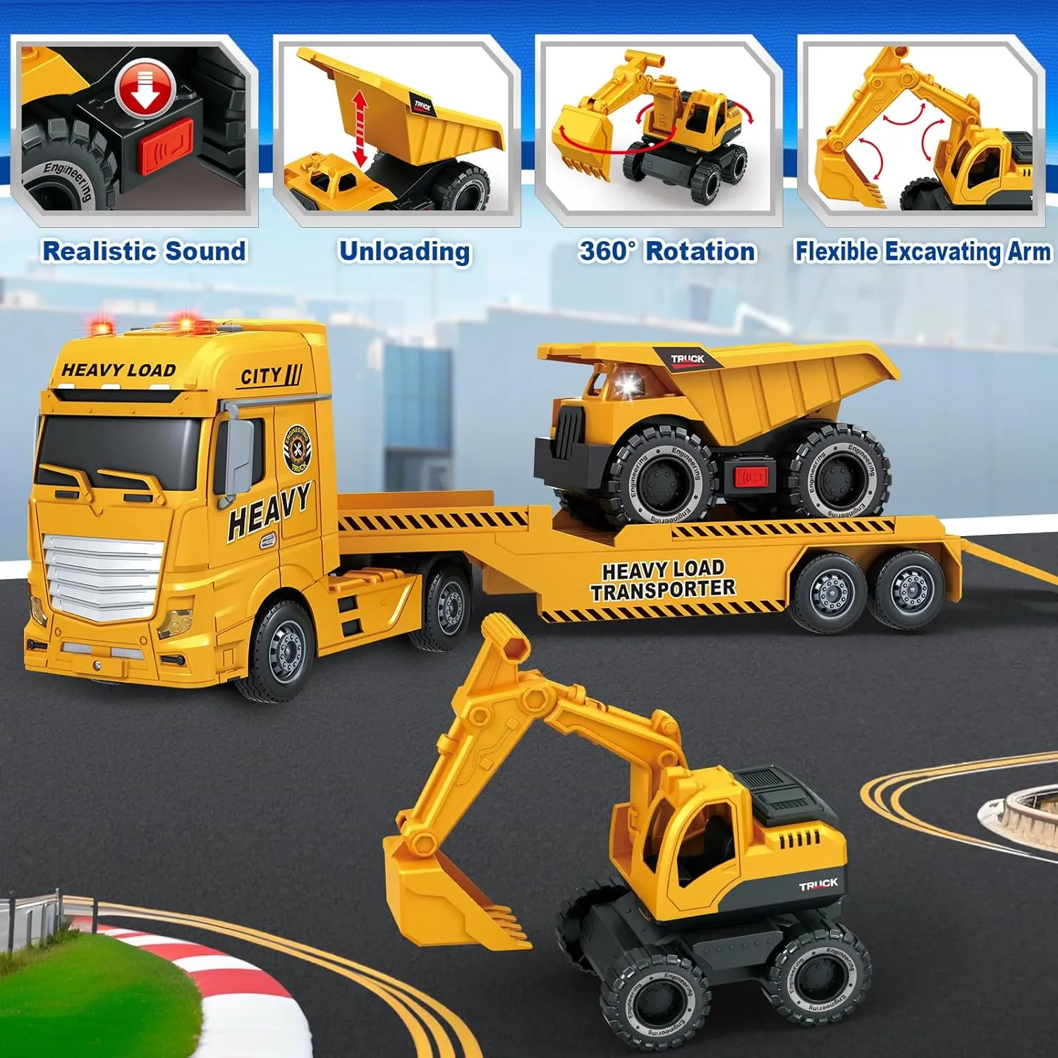 SpringFlower 3 4 5 6 Toddler Boy Toys, 25" Construction Carrier Truck Toy with Excavator and Dump Truck,3 in 1 Truck Boy Toy, Christmas Birthday Gifts for Kids 3 4 5 6 Years Old
