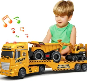 SpringFlower 3 4 5 6 Toddler Boy Toys, 25" Construction Carrier Truck Toy with Excavator and Dump Truck,3 in 1 Truck Boy Toy, Christmas Birthday Gifts for Kids 3 4 5 6 Years Old