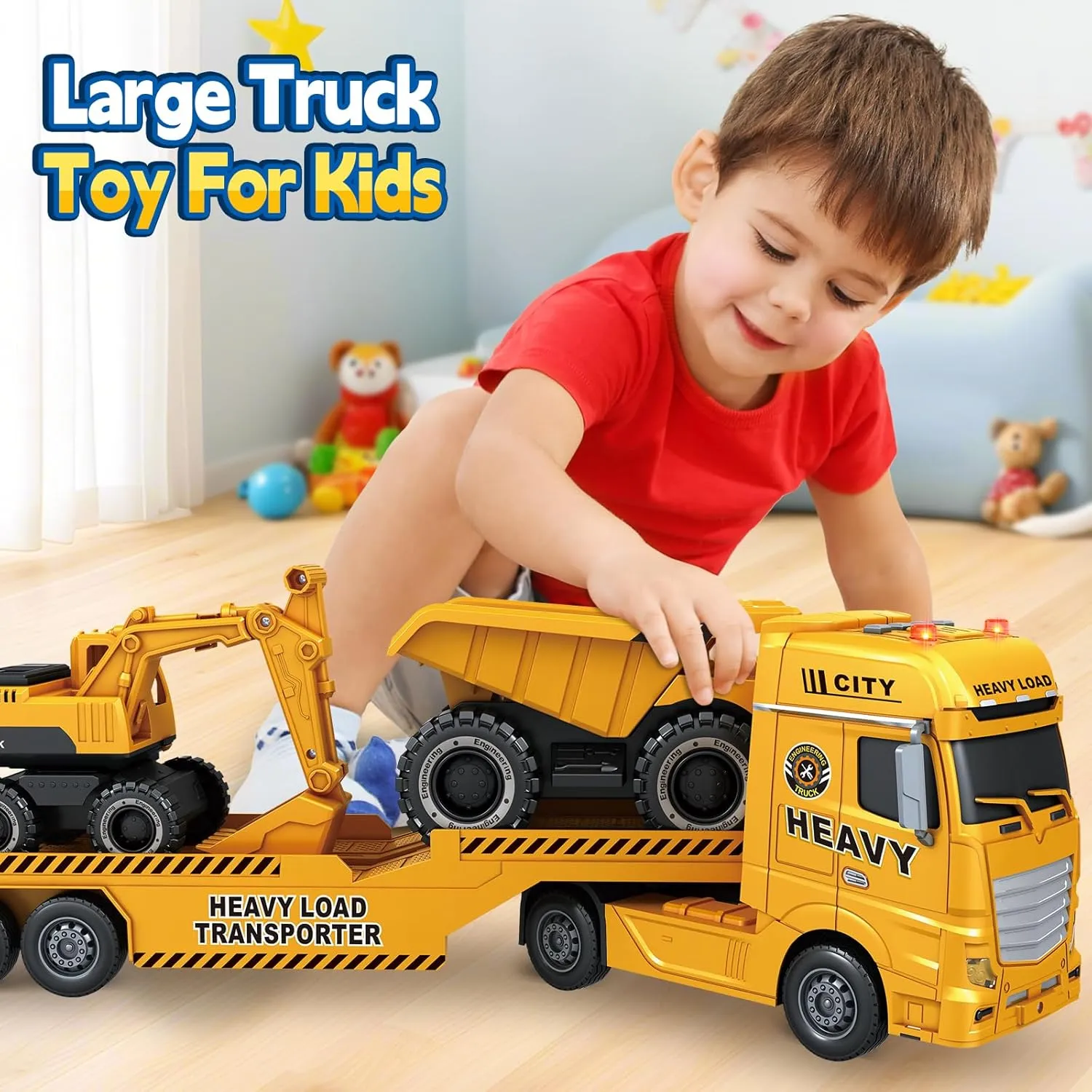 SpringFlower 3 4 5 6 Toddler Boy Toys, 25" Construction Carrier Truck Toy with Excavator and Dump Truck,3 in 1 Truck Boy Toy, Christmas Birthday Gifts for Kids 3 4 5 6 Years Old