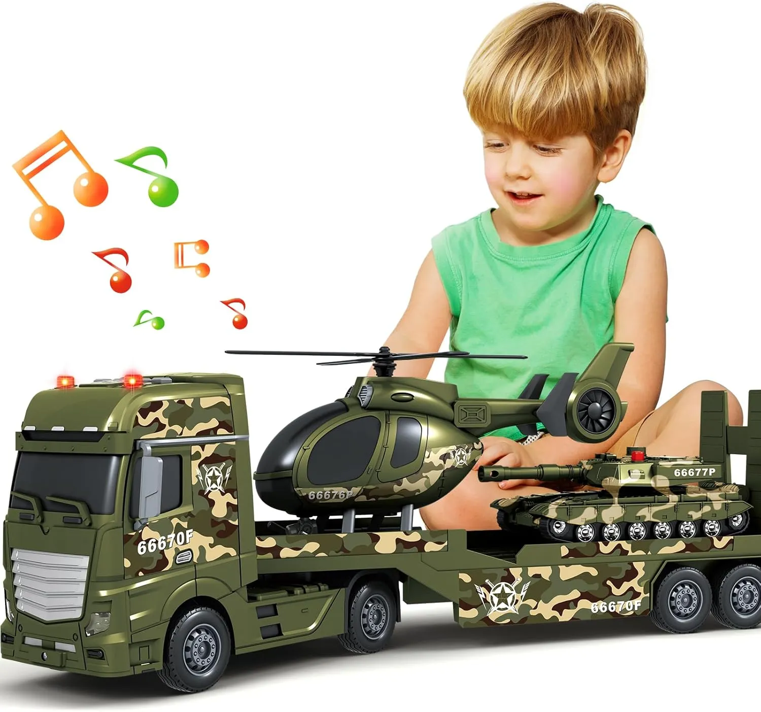 SpringFlower Toddler Boy Toys, 3 in 1 Large Army Truck Toy with Helicoper and Tank, Military Transport Truck Toy, Christmas Birthday Gifts for Kids 3 4 5 6 Years Old