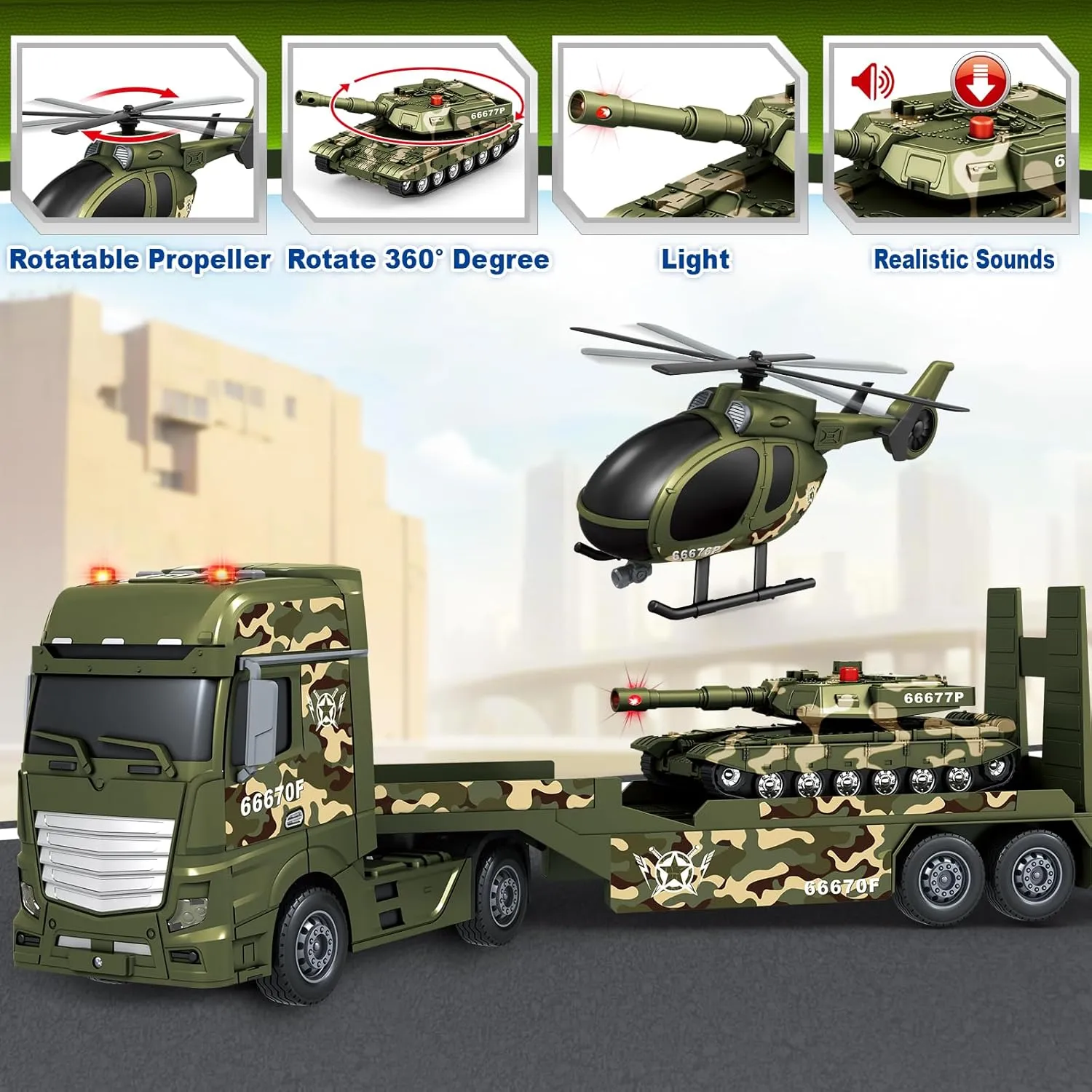 SpringFlower Toddler Boy Toys, 3 in 1 Large Army Truck Toy with Helicoper and Tank, Military Transport Truck Toy, Christmas Birthday Gifts for Kids 3 4 5 6 Years Old