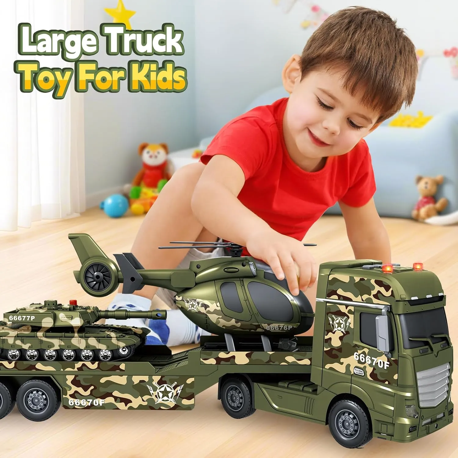 SpringFlower Toddler Boy Toys, 3 in 1 Large Army Truck Toy with Helicoper and Tank, Military Transport Truck Toy, Christmas Birthday Gifts for Kids 3 4 5 6 Years Old