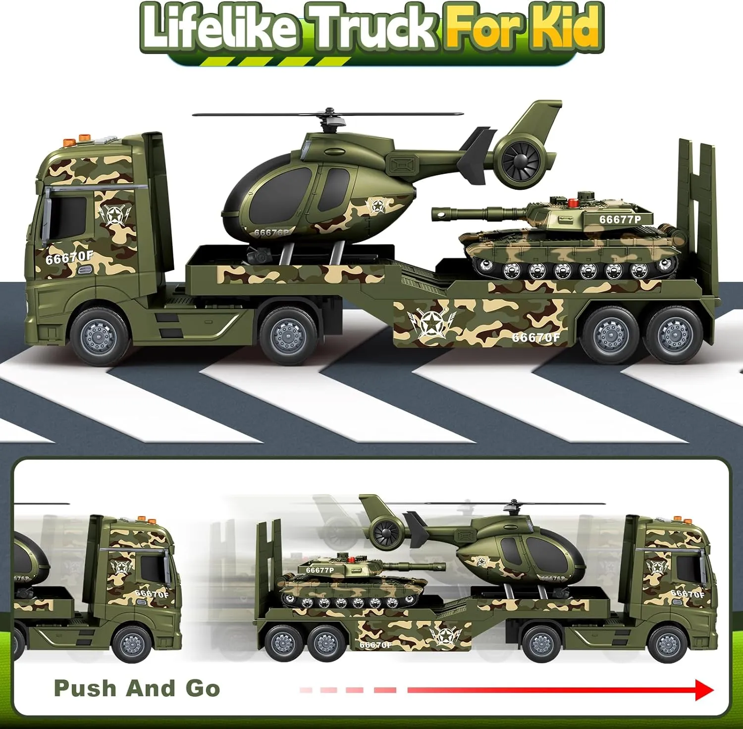 SpringFlower Toddler Boy Toys, 3 in 1 Large Army Truck Toy with Helicoper and Tank, Military Transport Truck Toy, Christmas Birthday Gifts for Kids 3 4 5 6 Years Old