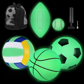 Sratte 5 Pcs Glow in The Dark Sport Ball Set Official Size Football Basketball Soccer Ball Volleyball Baseball with Carry Bag and Pump for Youth Adult Gift