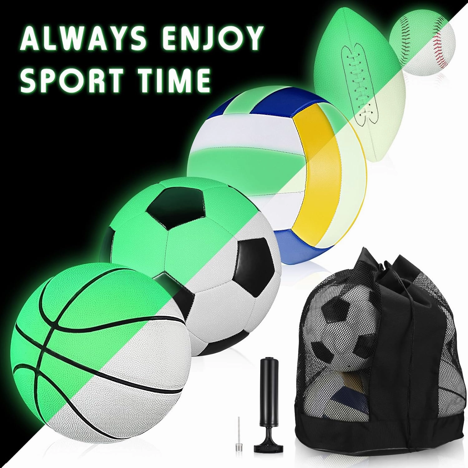 Sratte 5 Pcs Glow in The Dark Sport Ball Set Official Size Football Basketball Soccer Ball Volleyball Baseball with Carry Bag and Pump for Youth Adult Gift