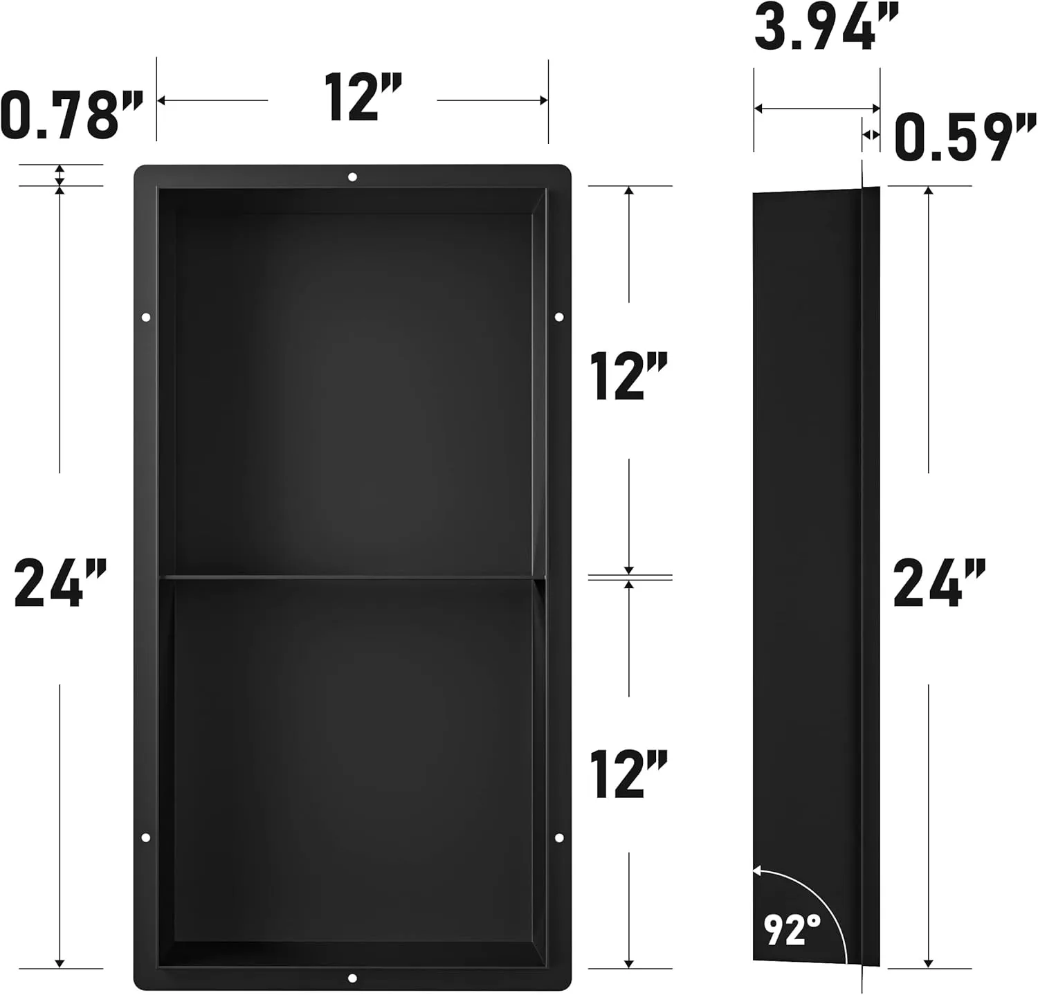 Stainless Steel Shower Niche Matte Black 24" X 12" No Tile Needed Wall Shelf Rimless Double Recessed Shower Shelf for Bathroom Flush-Mount Installation