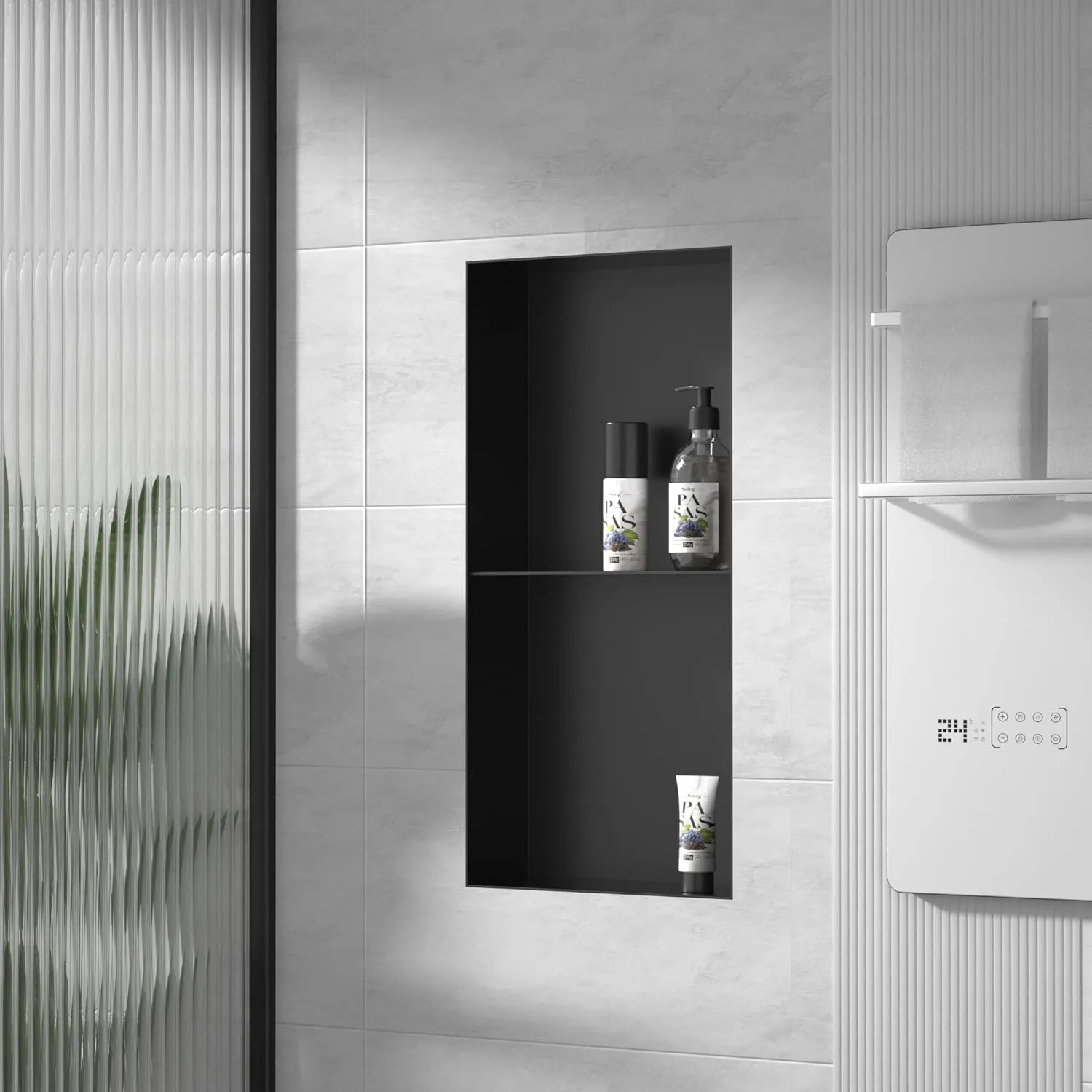 Stainless Steel Shower Niche Matte Black 24" X 12" No Tile Needed Wall Shelf Rimless Double Recessed Shower Shelf for Bathroom Flush-Mount Installation