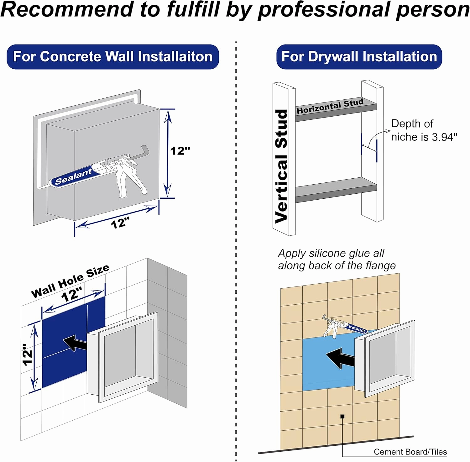 Stainless Steel Shower Niche 12" X 12" Brushed No Tile Needed Niche Shower Recessed Wall Niches for Bathroom Storage Over Mount Installation