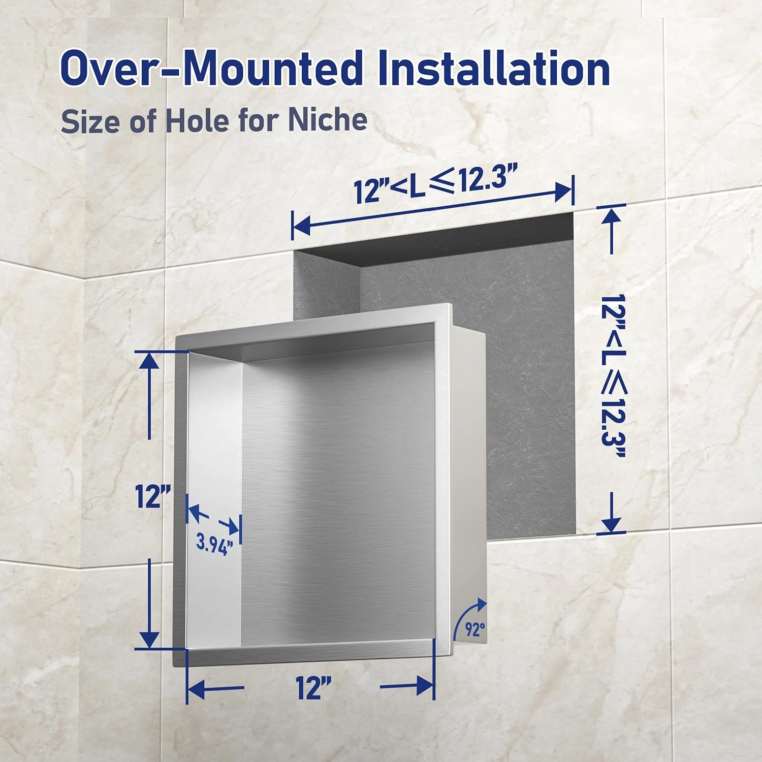 Stainless Steel Shower Niche 12" X 12" Brushed No Tile Needed Niche Shower Recessed Wall Niches for Bathroom Storage Over Mount Installation