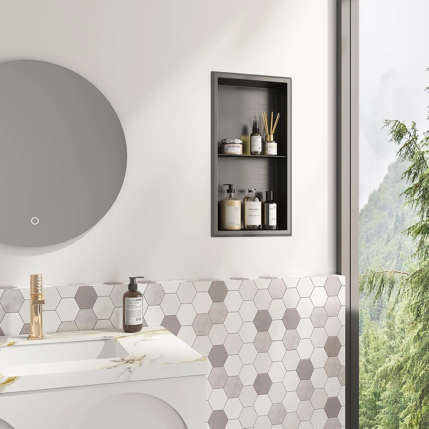 Stainless Steel Shower Niche 12" X 24" Matte Black No Tile Needed Recessed Niche Shower Shelf Wall Niche for Bathroom Storage Over Mount Installation