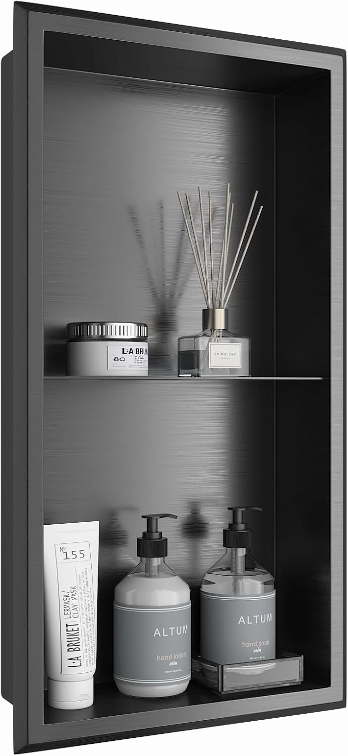 Stainless Steel Shower Niche 12" X 24" Matte Black No Tile Needed Recessed Niche Shower Shelf Wall Niche for Bathroom Storage Over Mount Installation