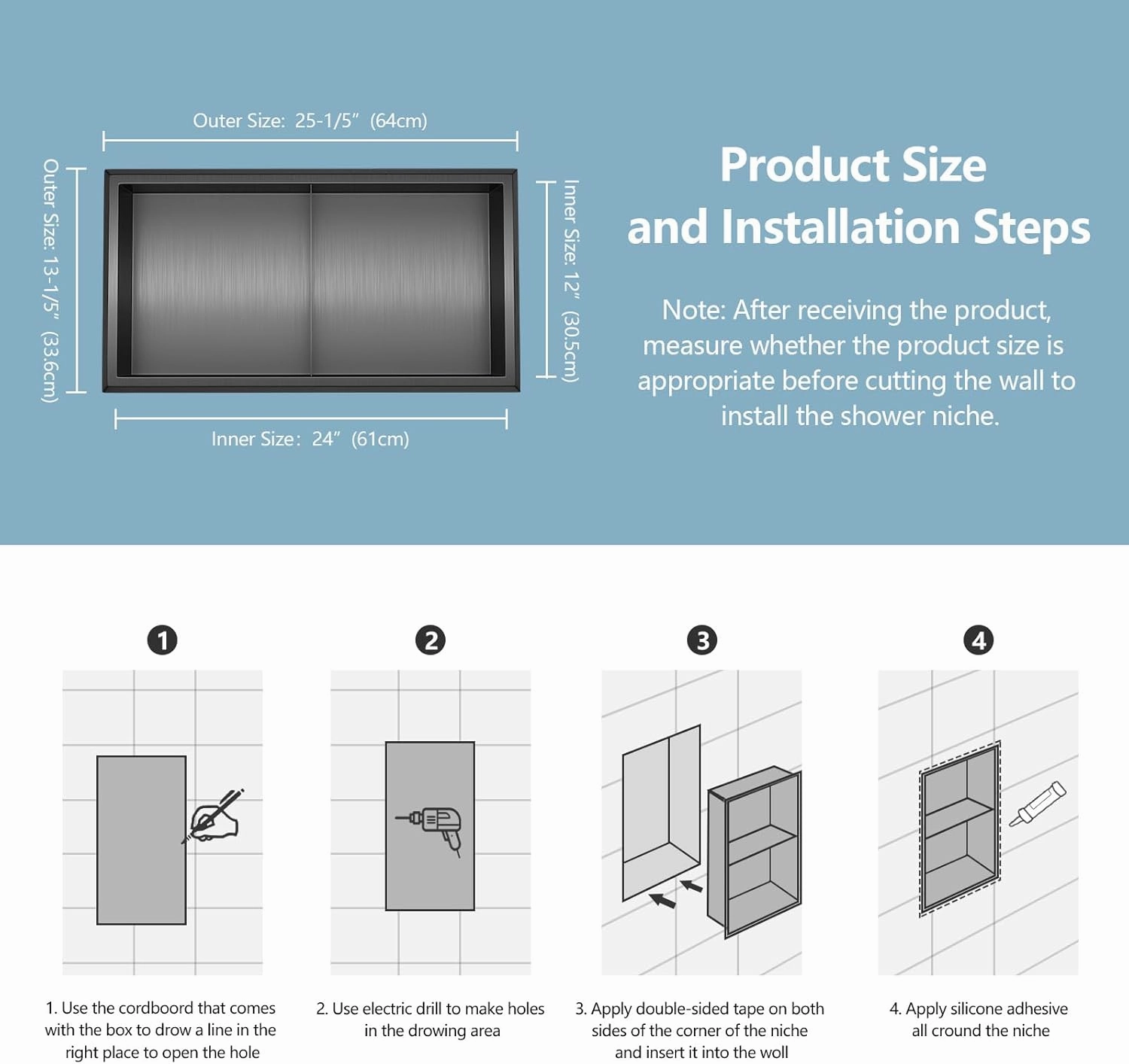 Stainless Steel Shower Niche 12" X 24" Matte Black No Tile Needed Recessed Niche Shower Shelf Wall Niche for Bathroom Storage Over Mount Installation