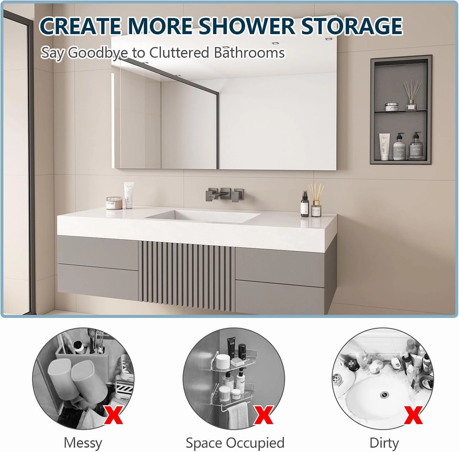 Stainless Steel Shower Niche 12" X 24" Matte Black No Tile Needed Recessed Niche Shower Shelf Wall Niche for Bathroom Storage Over Mount Installation