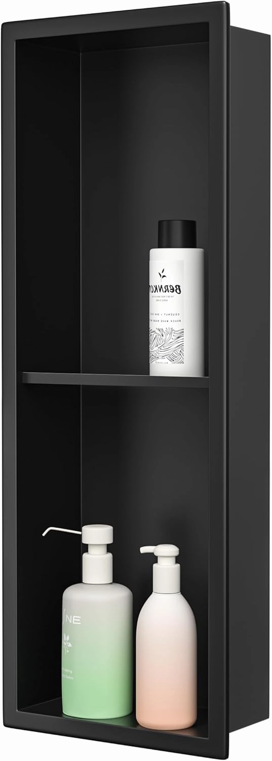 Stainless Steel Shower Niche Matte Black 8"×24" with 2-Tiers Shelf No Tiled Needed Niche Shower for Bathroom Wall Storage Recessed Shower Box