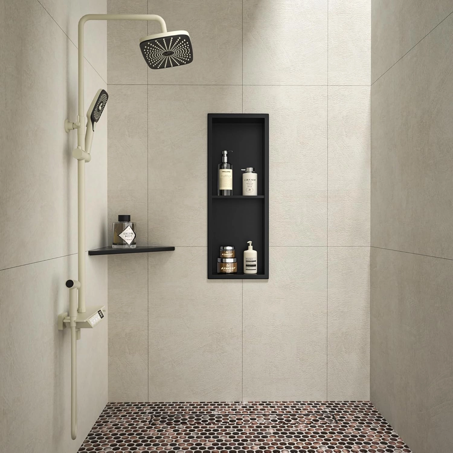 Stainless Steel Shower Niche Matte Black 8"×24" with 2-Tiers Shelf No Tiled Needed Niche Shower for Bathroom Wall Storage Recessed Shower Box