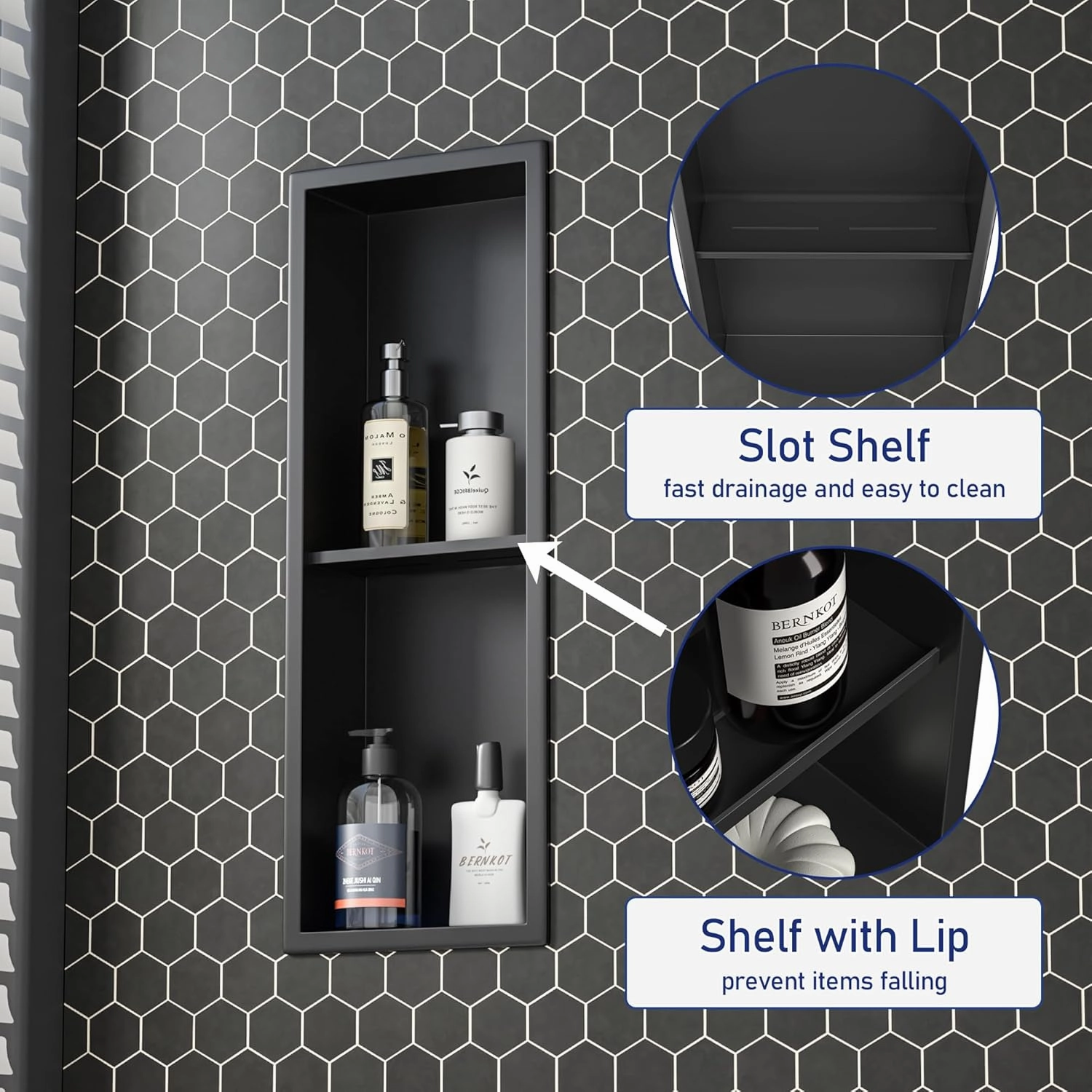 Stainless Steel Shower Niche Matte Black 8"×24" with 2-Tiers Shelf No Tiled Needed Niche Shower for Bathroom Wall Storage Recessed Shower Box