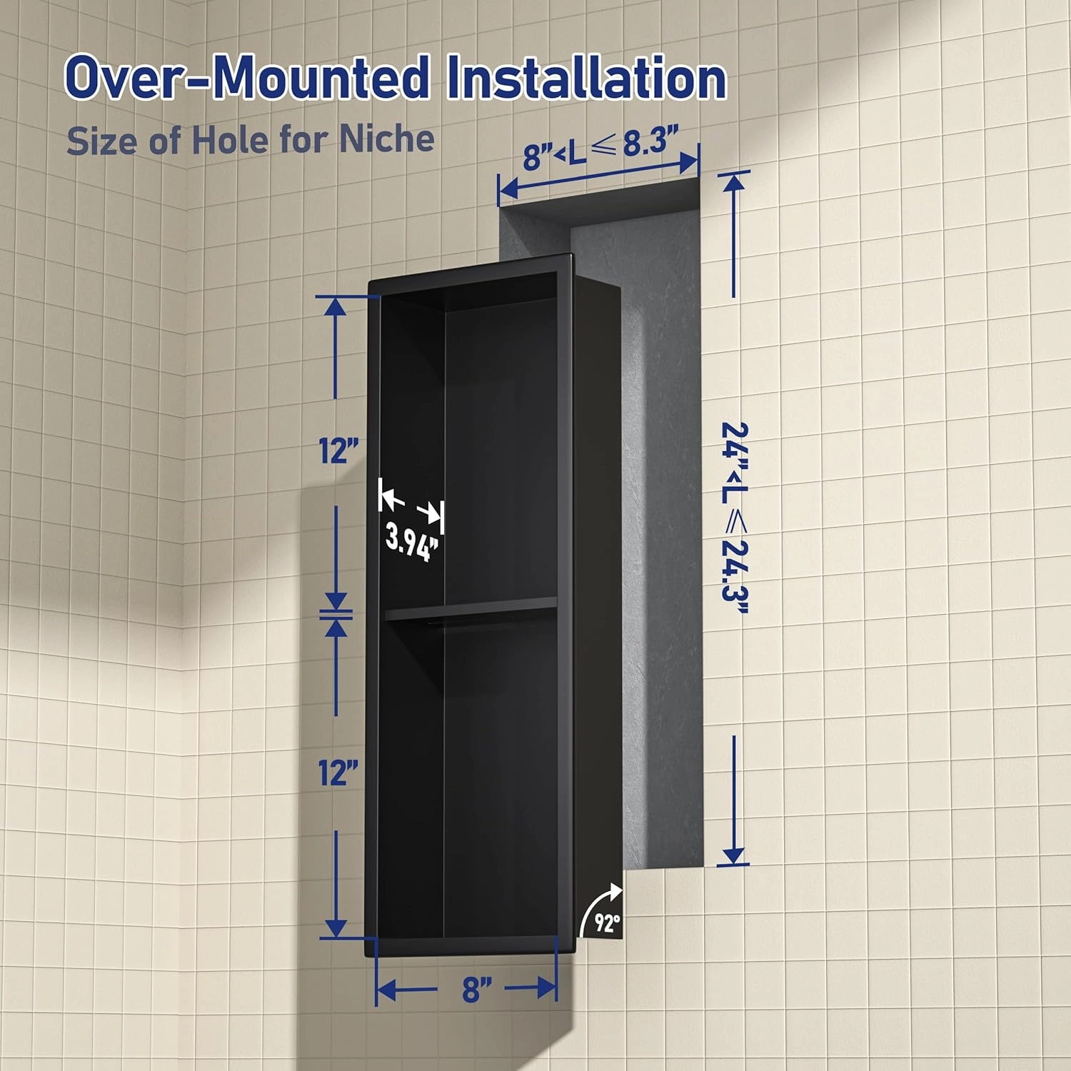 Stainless Steel Shower Niche Matte Black 8"×24" with 2-Tiers Shelf No Tiled Needed Niche Shower for Bathroom Wall Storage Recessed Shower Box