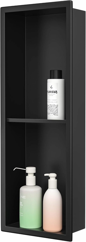 Stainless Steel Shower Niche Matte Black 8"×24" with 2-Tiers Shelf No Tiled Needed Niche Shower for Bathroom Wall Storage Recessed Shower Box