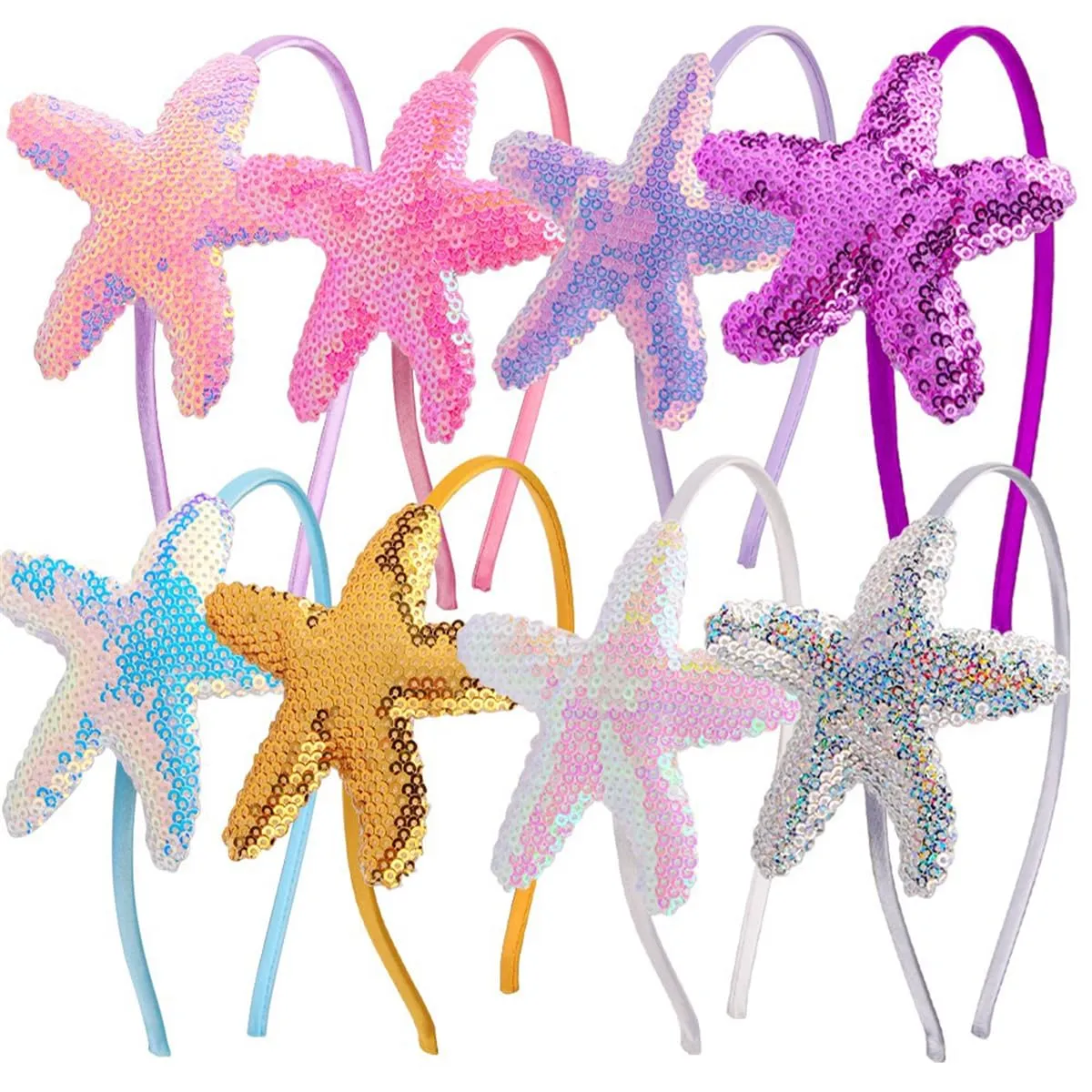 Starfish Headband Pearl Bridal Hair Band Sea Shell Oyster Star Headband Star Glitter Starfish Sequin Hair Hoop Hair Piece Beach Wedding Hair Accessories for Women and Girls (Purple, Bright pink)