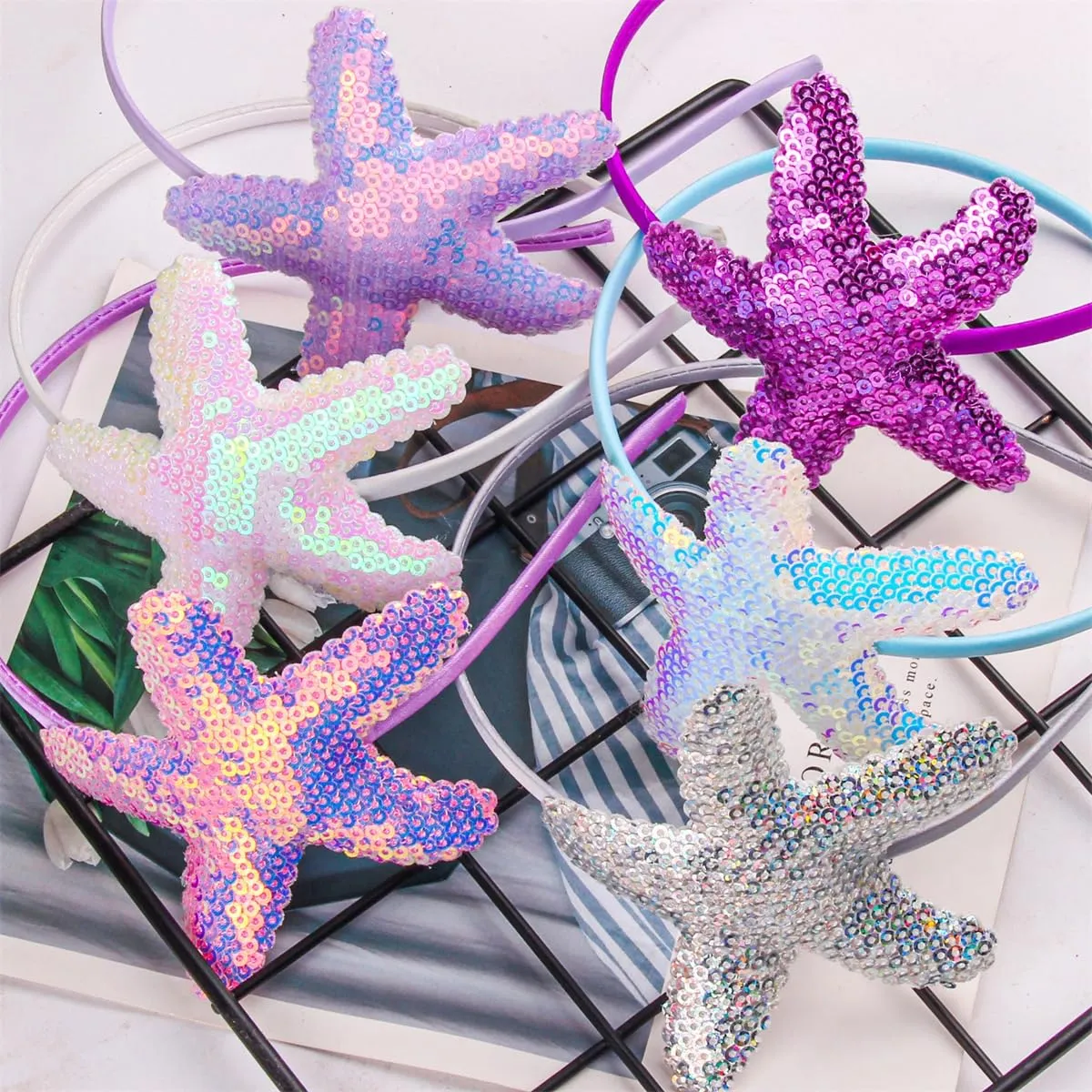 Starfish Headband Pearl Bridal Hair Band Sea Shell Oyster Star Headband Star Glitter Starfish Sequin Hair Hoop Hair Piece Beach Wedding Hair Accessories for Women and Girls (Purple, Bright pink)