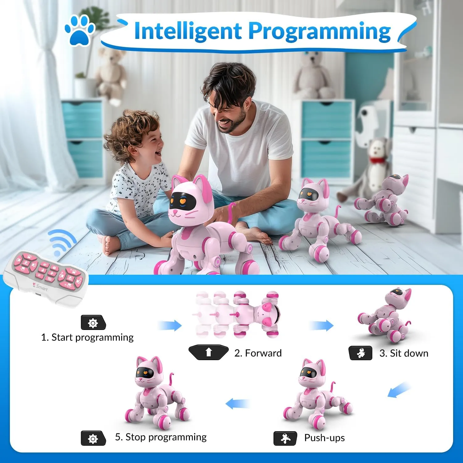STEMTRON Programmable Remote Control Robot, Robotic Cat & Dog, RC Robot with Touch Sensing, LED Eyes, Dance & Music, Sticker
