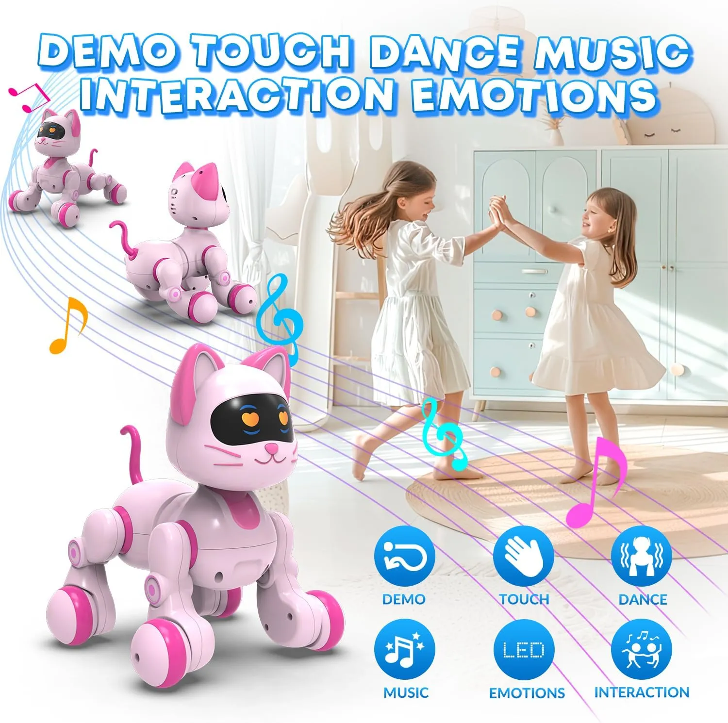 STEMTRON Programmable Remote Control Robot, Robotic Cat & Dog, RC Robot with Touch Sensing, LED Eyes, Dance & Music, Sticker