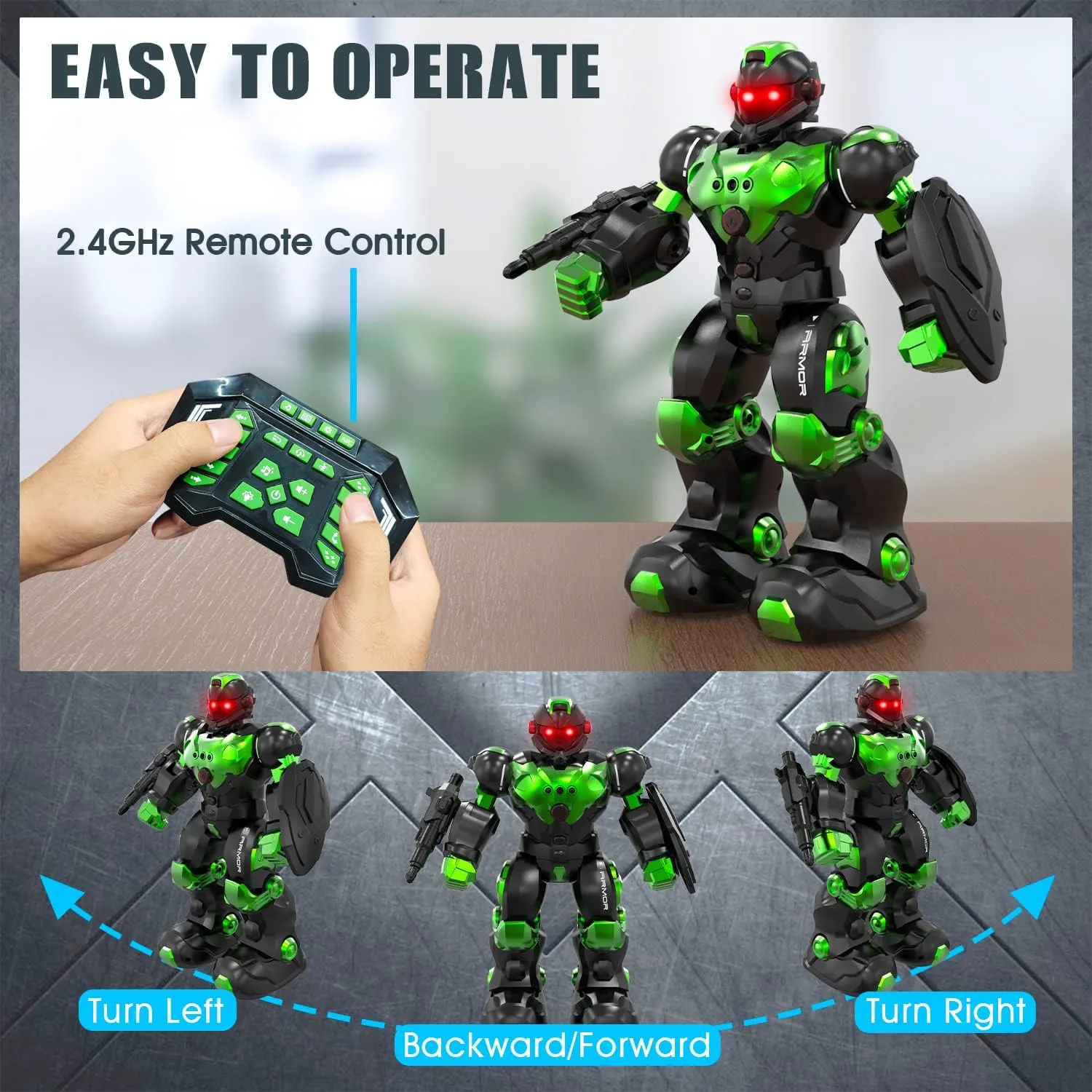 STEMTRON Robot Toys for Kids, Programmable Remote Control Robot with Intelligent Gesture Sensing, Recharge, Singing & Dancing Mode, Launcher (Green)