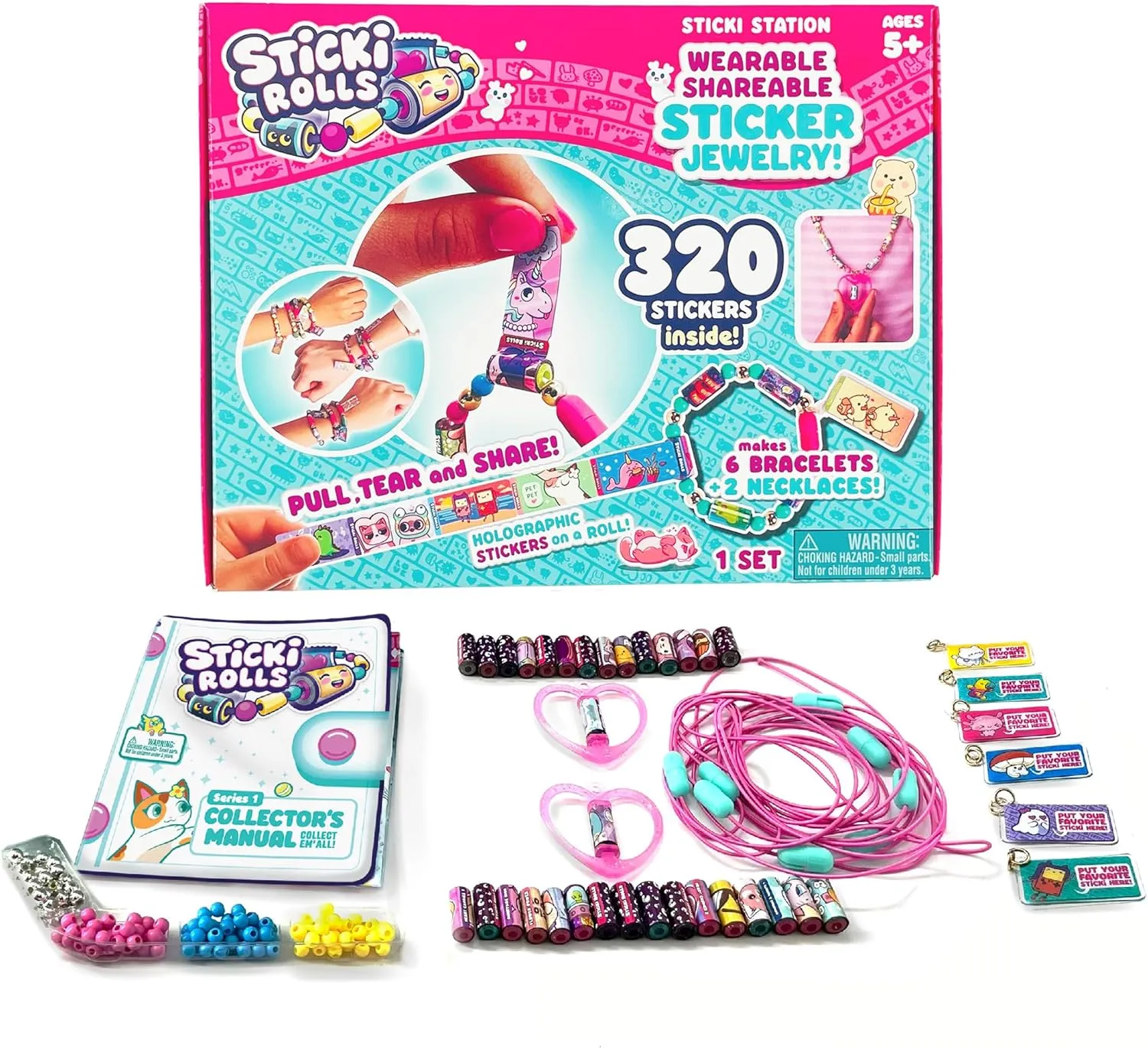 STICKI Rolls Sticki Station - Ultimate DIY Sticker Jewelry Kit | Includes 320 Mini Stickers | Builds 6 Bracelets & 2 Necklaces | 2 Pendants & 144 Beads | Over 1000 Designs to Collect! (Series 1)
