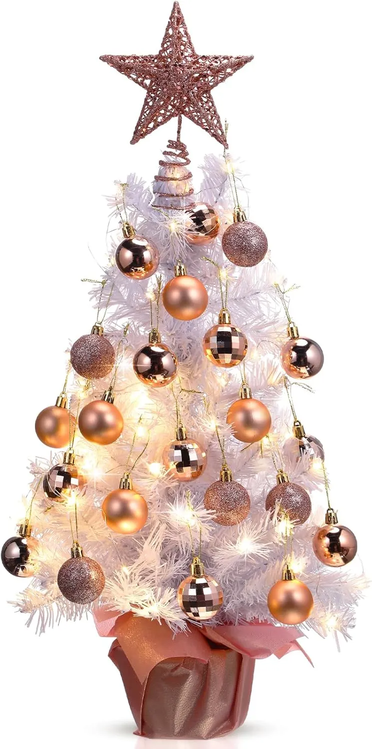Sumind 24 Inch Tabletop Mini Christmas Tree Pink White Set with Lights 24 Christmas Ball Ornaments Star Tree Pre-lit Small Artificial Tree for Xmas Table Home Decor(Rose Gold, White Tree)