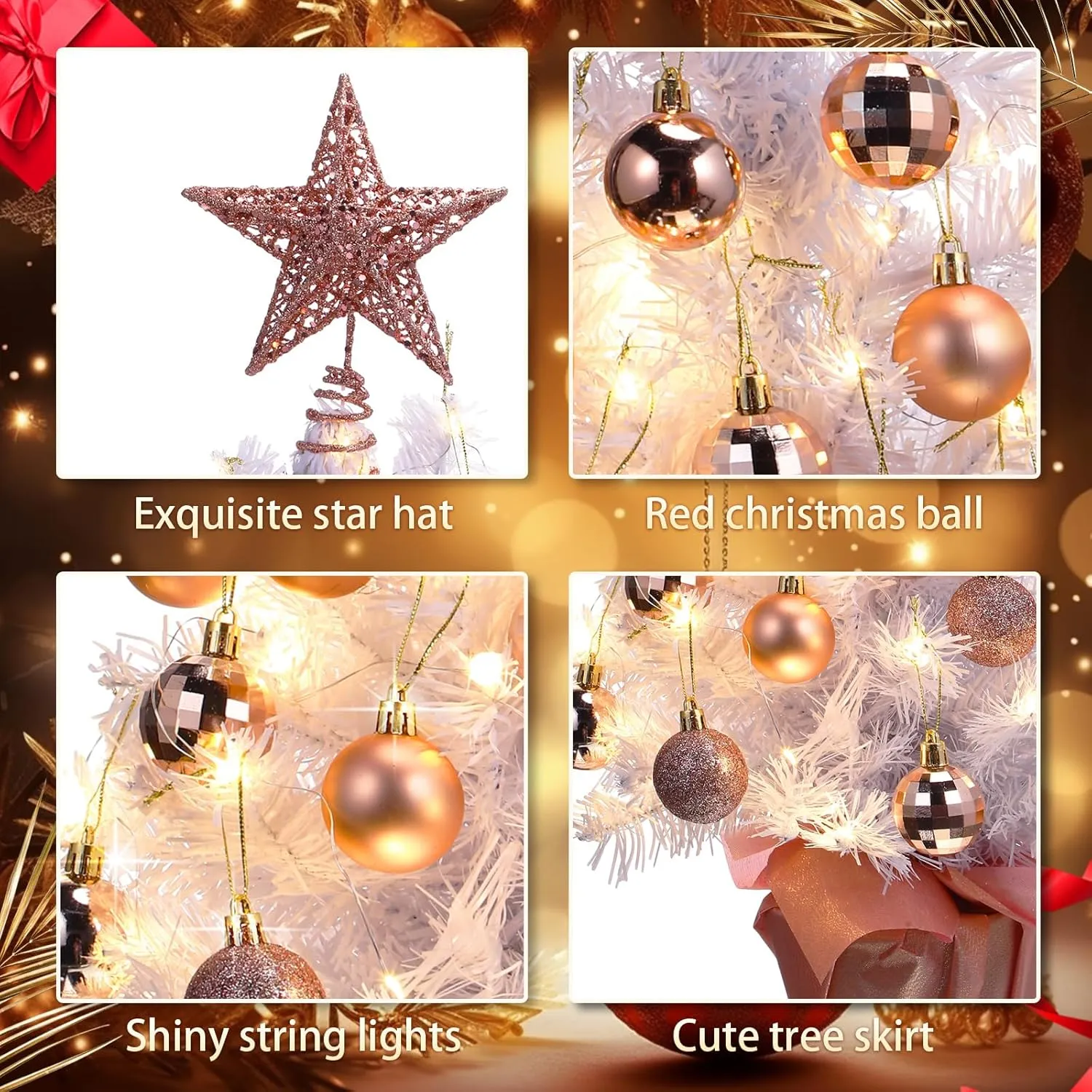 Sumind 24 Inch Tabletop Mini Christmas Tree Pink White Set with Lights 24 Christmas Ball Ornaments Star Tree Pre-lit Small Artificial Tree for Xmas Table Home Decor(Rose Gold, White Tree)