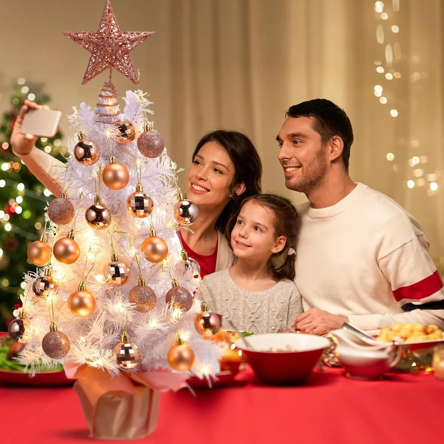 Sumind 24 Inch Tabletop Mini Christmas Tree Pink White Set with Lights 24 Christmas Ball Ornaments Star Tree Pre-lit Small Artificial Tree for Xmas Table Home Decor(Rose Gold, White Tree)