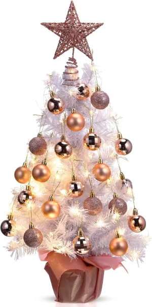 Sumind 24 Inch Tabletop Mini Christmas Tree Pink White Set with Lights 24 Christmas Ball Ornaments Star Tree Pre-lit Small Artificial Tree for Xmas Table Home Decor(Rose Gold, White Tree)
