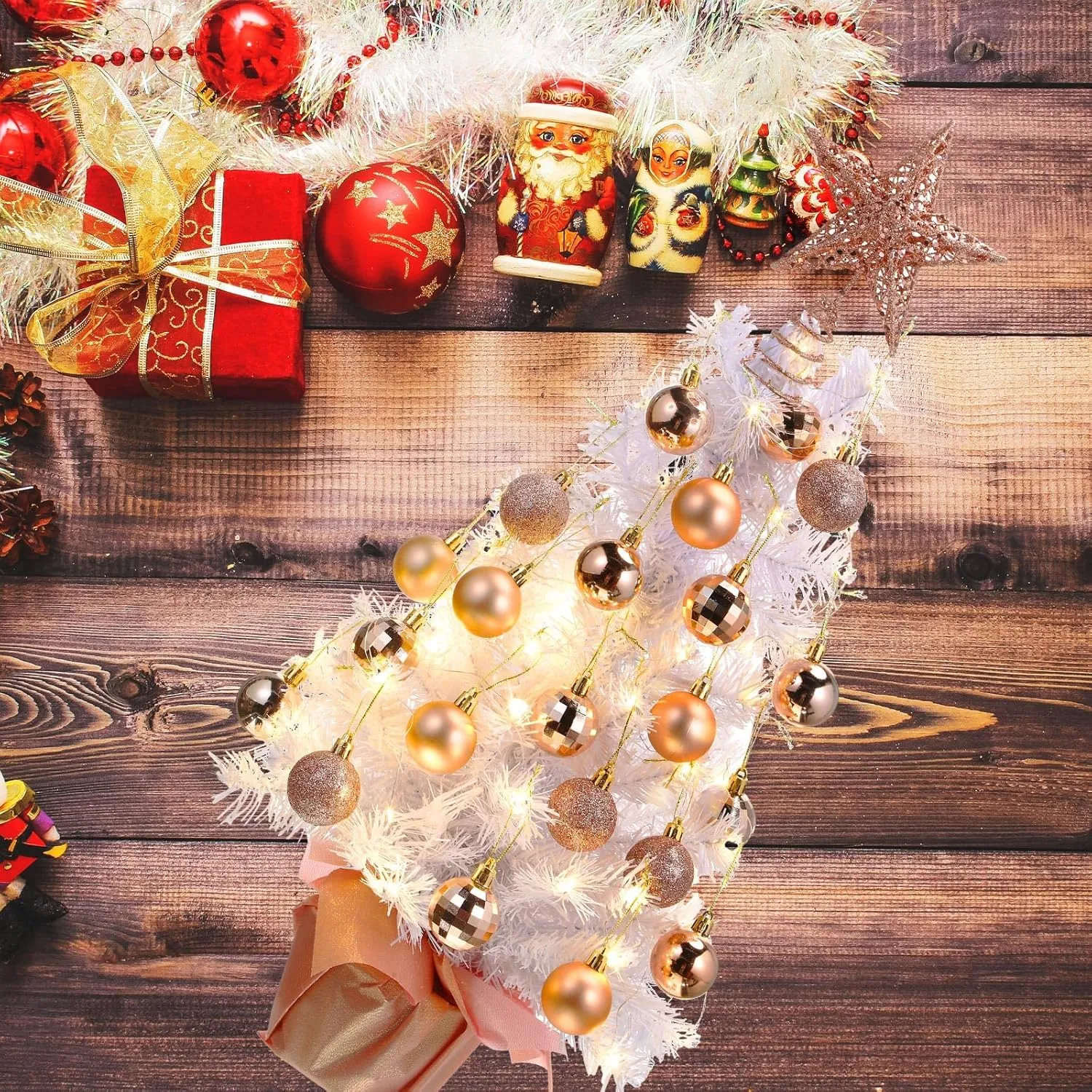 Sumind 24 Inch Tabletop Mini Christmas Tree Pink White Set with Lights 24 Christmas Ball Ornaments Star Tree Pre-lit Small Artificial Tree for Xmas Table Home Decor(Rose Gold, White Tree)