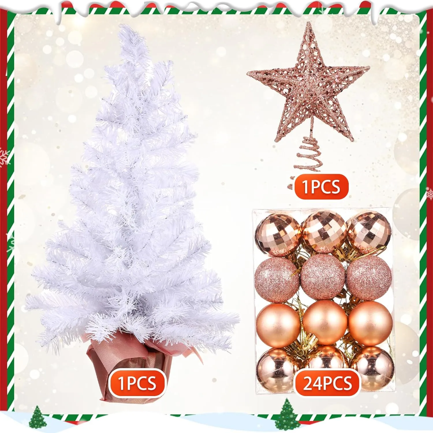 Sumind 24 Inch Tabletop Mini Christmas Tree Pink White Set with Lights 24 Christmas Ball Ornaments Star Tree Pre-lit Small Artificial Tree for Xmas Table Home Decor(Rose Gold, White Tree)