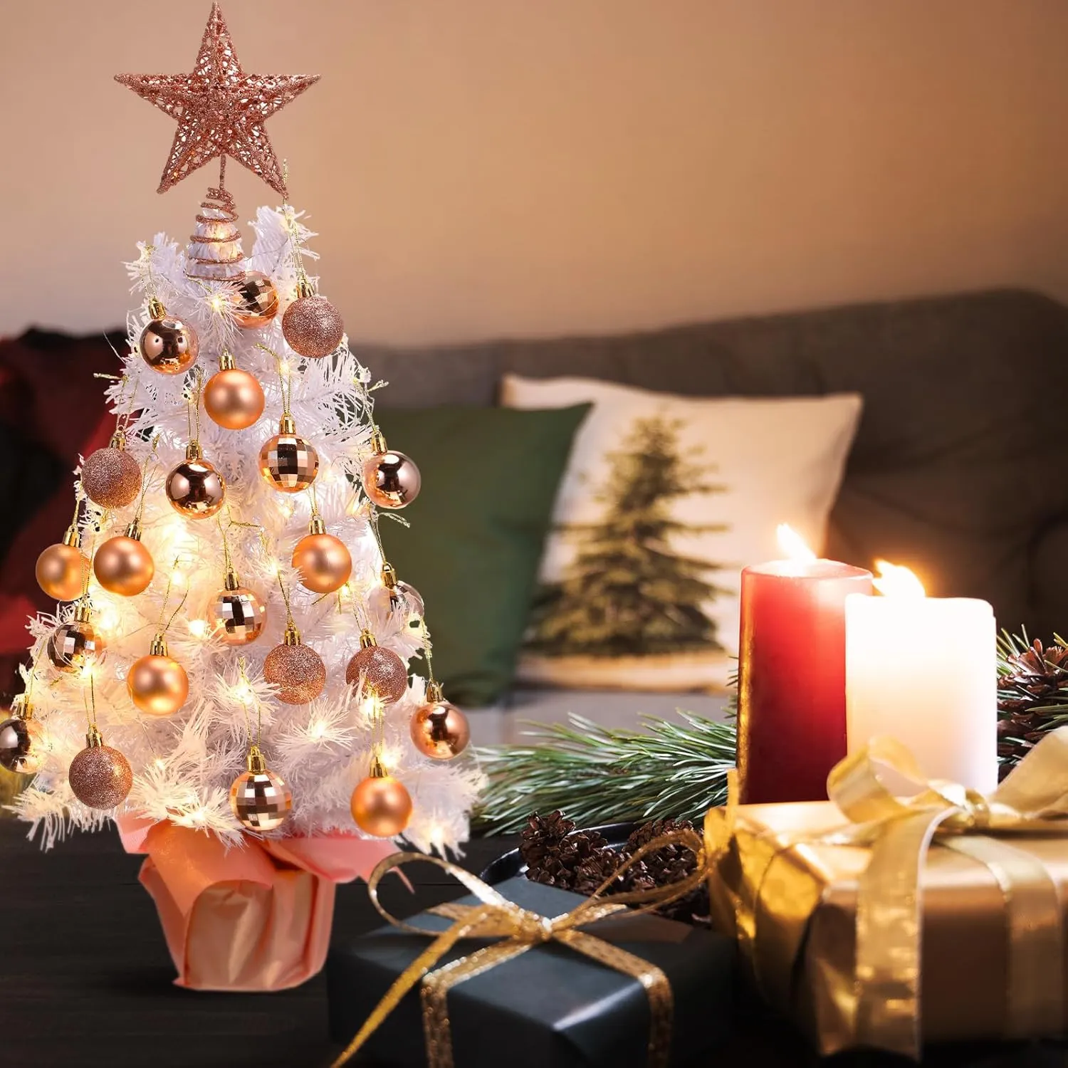 Sumind 24 Inch Tabletop Mini Christmas Tree Pink White Set with Lights 24 Christmas Ball Ornaments Star Tree Pre-lit Small Artificial Tree for Xmas Table Home Decor(Rose Gold, White Tree)